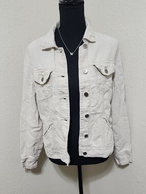 Eddie Bauer Cream Denim Trucker Jacket Sz M 100% Linen Classic (Flawed)